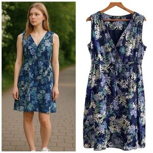 Eddie Bauer Floral Babydoll Sundress Dress Sz 10 Blue Coastal Tropical Fairy